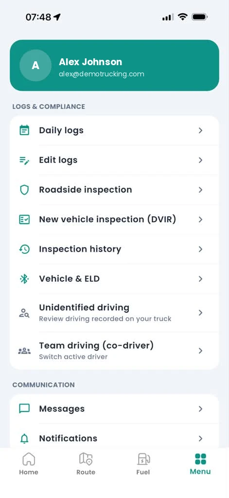 ProLogELD driver app menu